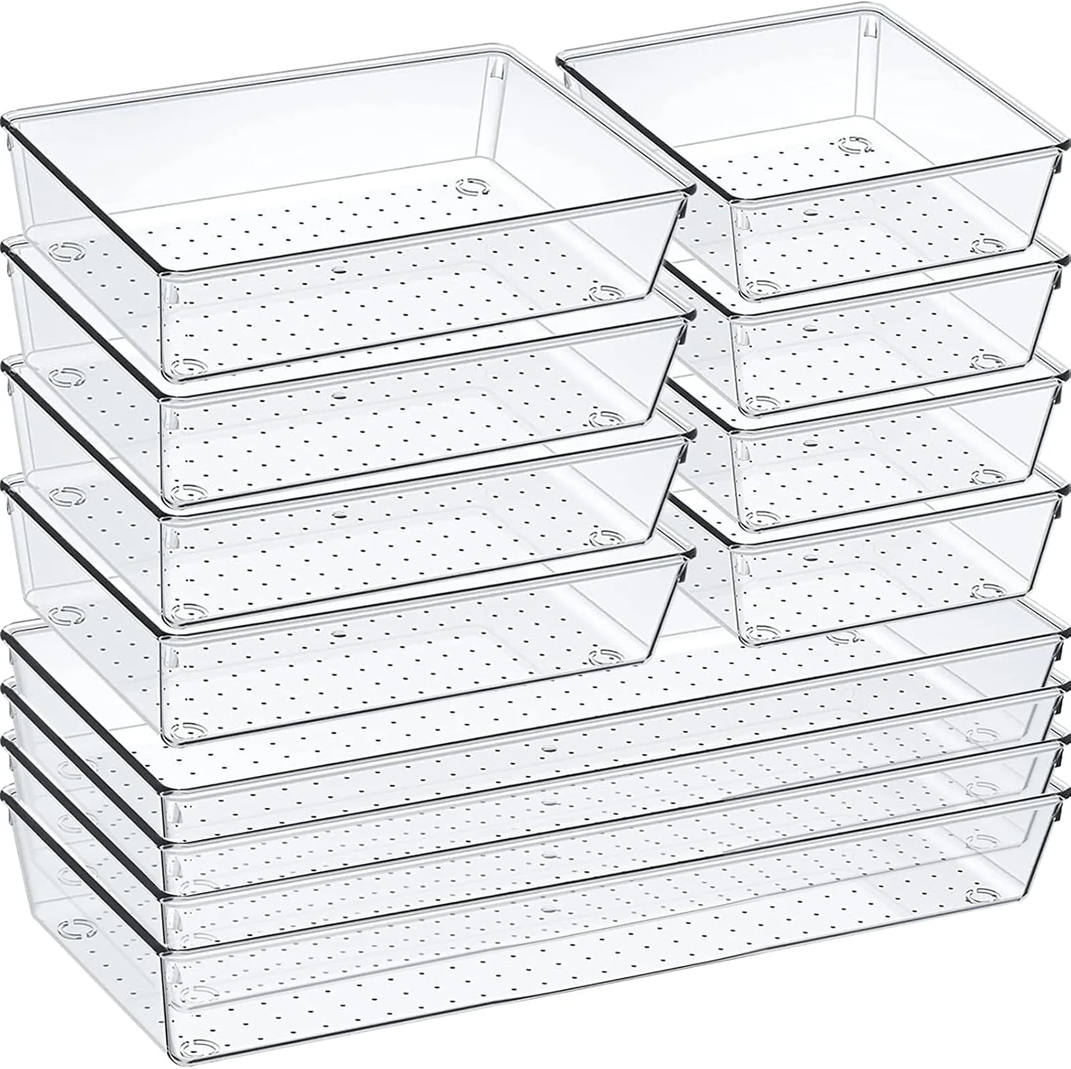 World-Class 12 Pack Clear Plastic Drawer Organizer Set Acrylic Non Slip Non Cracking Kitchen Drawer Storage Tray Large Size Divider Multifunctional Storage for Cosmetics Bathroom Tools Kitchen and Office First-Class