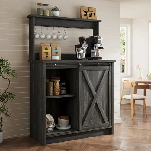 Smooth Farmhouse Coffee Bar Cabinet with Sliding Barn Door Genuine