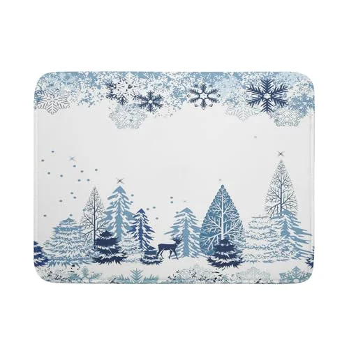 Traditional Winter Blue Snowflake Dish Drying Mat Christmas Tree Kitchen Counter Dish Drainer Mats Xmas Forest Deer Moose Dish Dry Pad Bottles Protector for Kitchen Countertop Coffee Bar First-Class