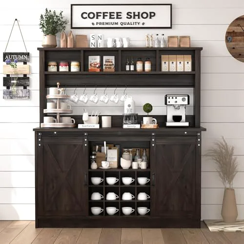 Optimized 55 Farmhouse Coffee Bar with 4 Tier Storage Hutch Smart