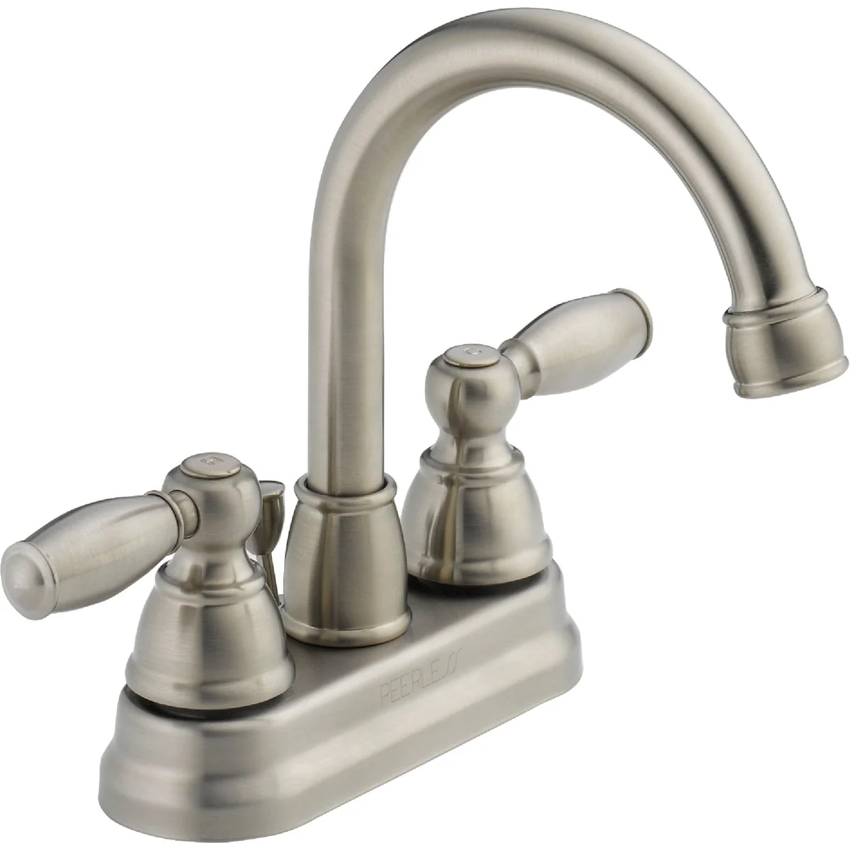 Reusable Peerless Claymore Brushed Nickel 2-Handle Lever 4 In. Centerset Hi-Arc Bathroom Faucet with Pop-Up Detailed