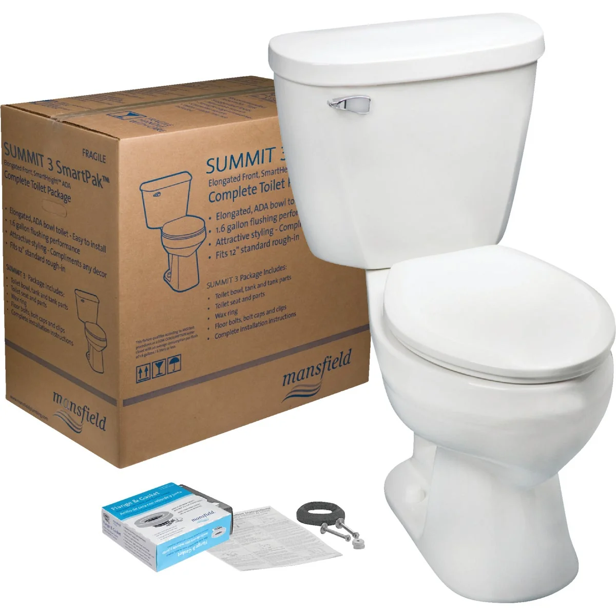Flexible Mansfield Summit SmartHeight White Elongated Bowl 1.28 GPF Complete Toilet Reusable