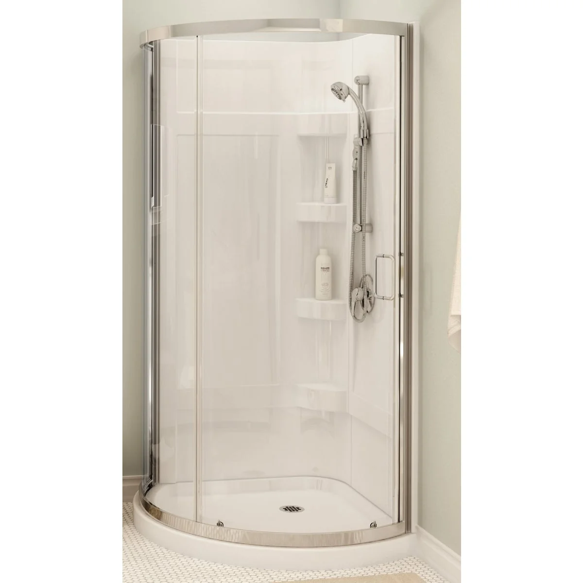 Reliable Maax 34 In. W. 76 In. H. x 34 In. D. White with Chrome Finish Acrylic ABS Shower Kit Fine
