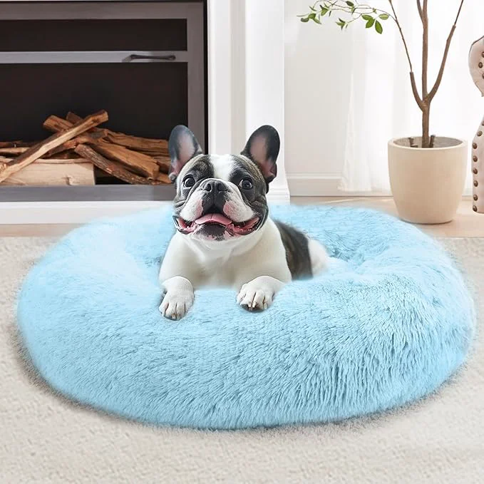 Exceptional Calming Donut Dog Bed — Medium 31 Anti-Anxiety Faux Fur Washable Light Blue Eco-Friendly