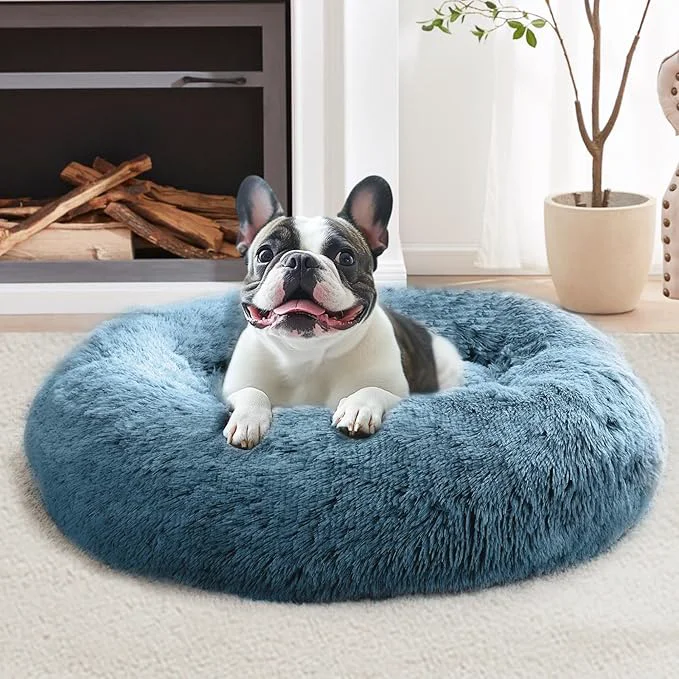 Fine Crafted Calming Donut Dog Bed — Large 36 Anti-Anxiety Faux Fur Washable Blue Elite