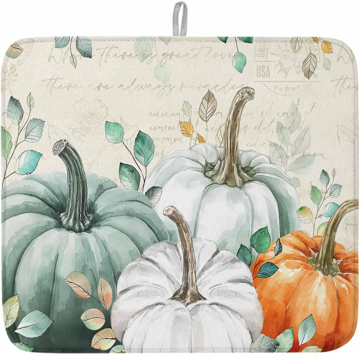 Crafted Fall Dish Drying Mat for Kitchen Counter Green Pumpkin Drying Pad Absorbent Drying Mats for Countertops Sinks Draining Racks Eucalyptus Leaves Drainer Holiday Harvest Thanksgiving Decorations 18x24 Relaxed