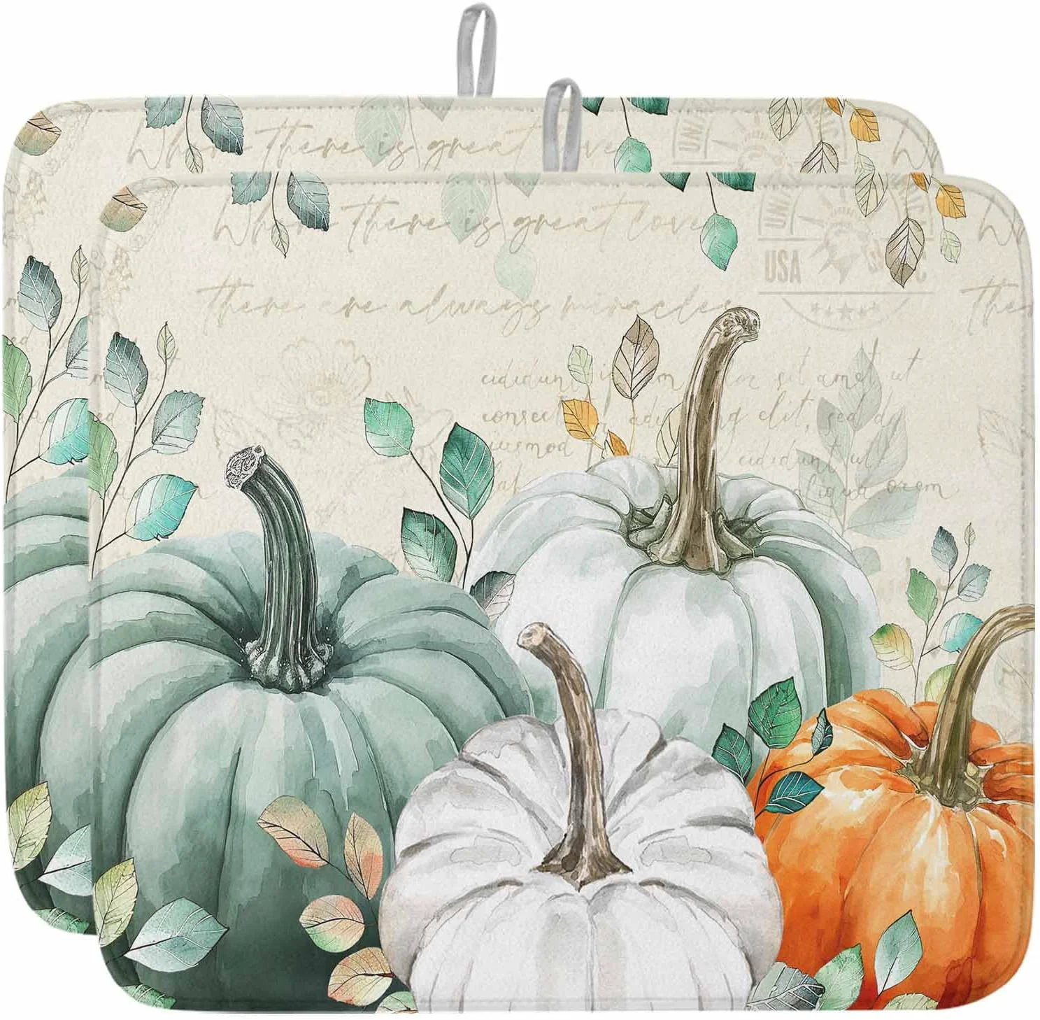 High-Grade Fall Dish Drying Mat for Kitchen Counter Green Pumpkin Drying Pad Absorbent Drying Mats for Countertops Sinks Draining Racks Eucalyptus Leaves Drainer Holiday Harvest Thanksgiving Decorations 16x18 Outstanding