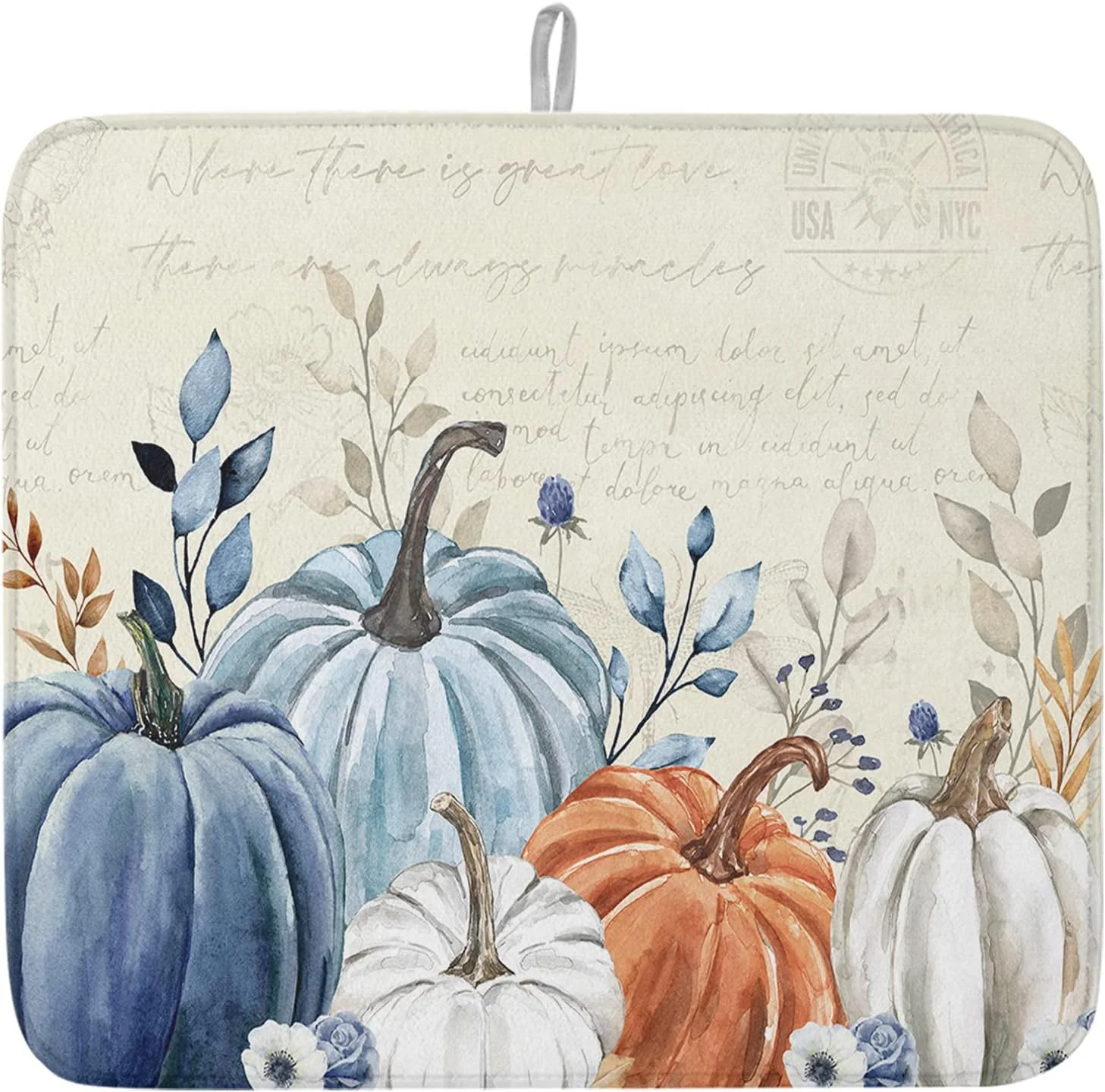 Luxury Fall Dish Drying Mat for Kitchen Counter Blue Pumpkin Drying Pad Absorbent Drying Mats for Countertops Sinks Draining Racks Floral Leaves Drainer Holiday Harvest Thanksgiving Decorations 18x24 Fine Crafted