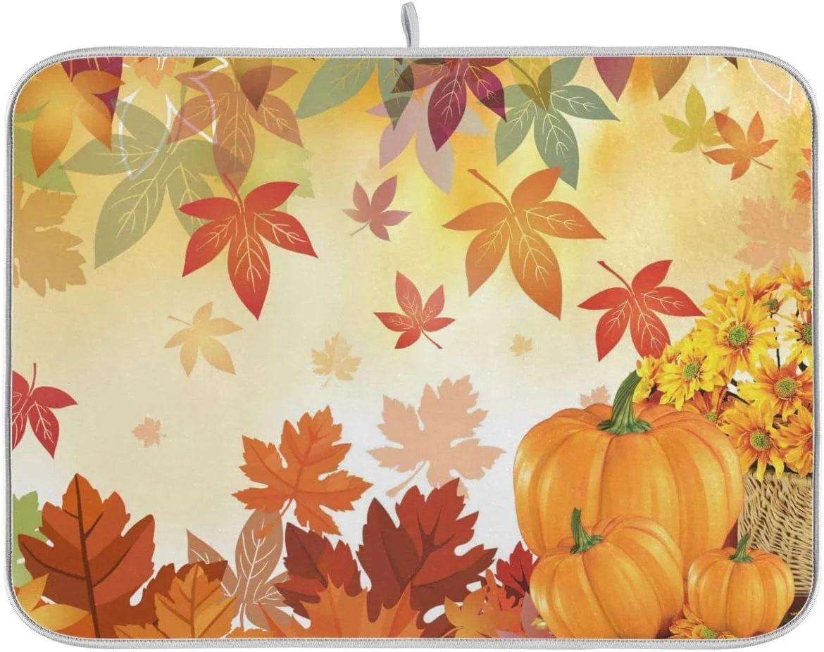 Green Autumn Fall Dish Drying Mat for Kitchen Counter Pumpkin Maple Leaves Drying Mat 18 x 24 Inch with Absorbent Reversible Microfiber Dish Drying Pad Dish Rack Drainer Mats for Coffee Bar Specialty
