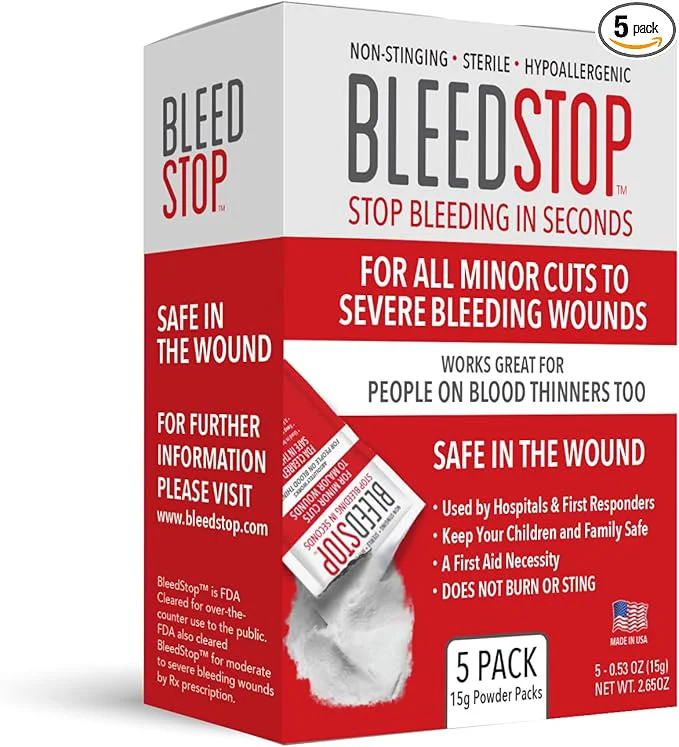 Fashionable BleedStop™ First Aid Powder for Blood Clotting Trauma Kit Blood Thinner Patients Camping Safety and Survival Equipment for Moderate to Severe Bleeding Wounds or Nosebleeds 5 Pack 15g High-Grade