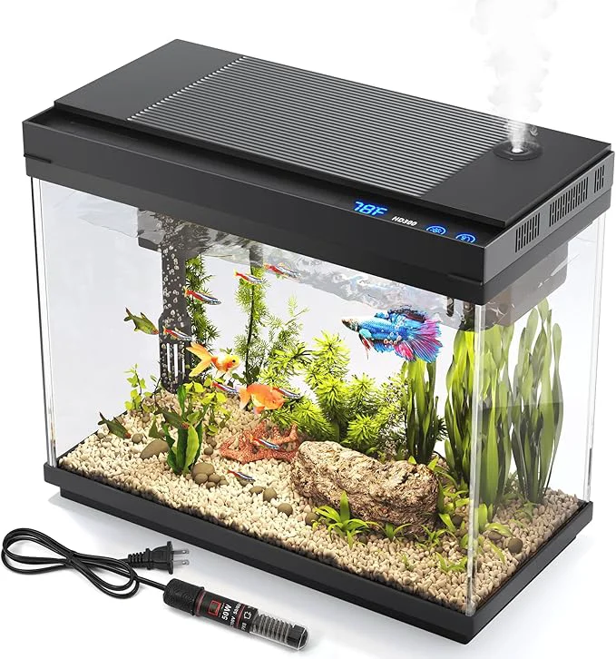 Stylish Fish Tank 2.4 Gallon Aquarium with Heater 3-in-1 Silent Pump with Filteration Oxygenation Circulation 7-Color Timer Cycle Light Temperature Display Humidifier HD Glass Fish BowlAbout ThisOverview Crafted