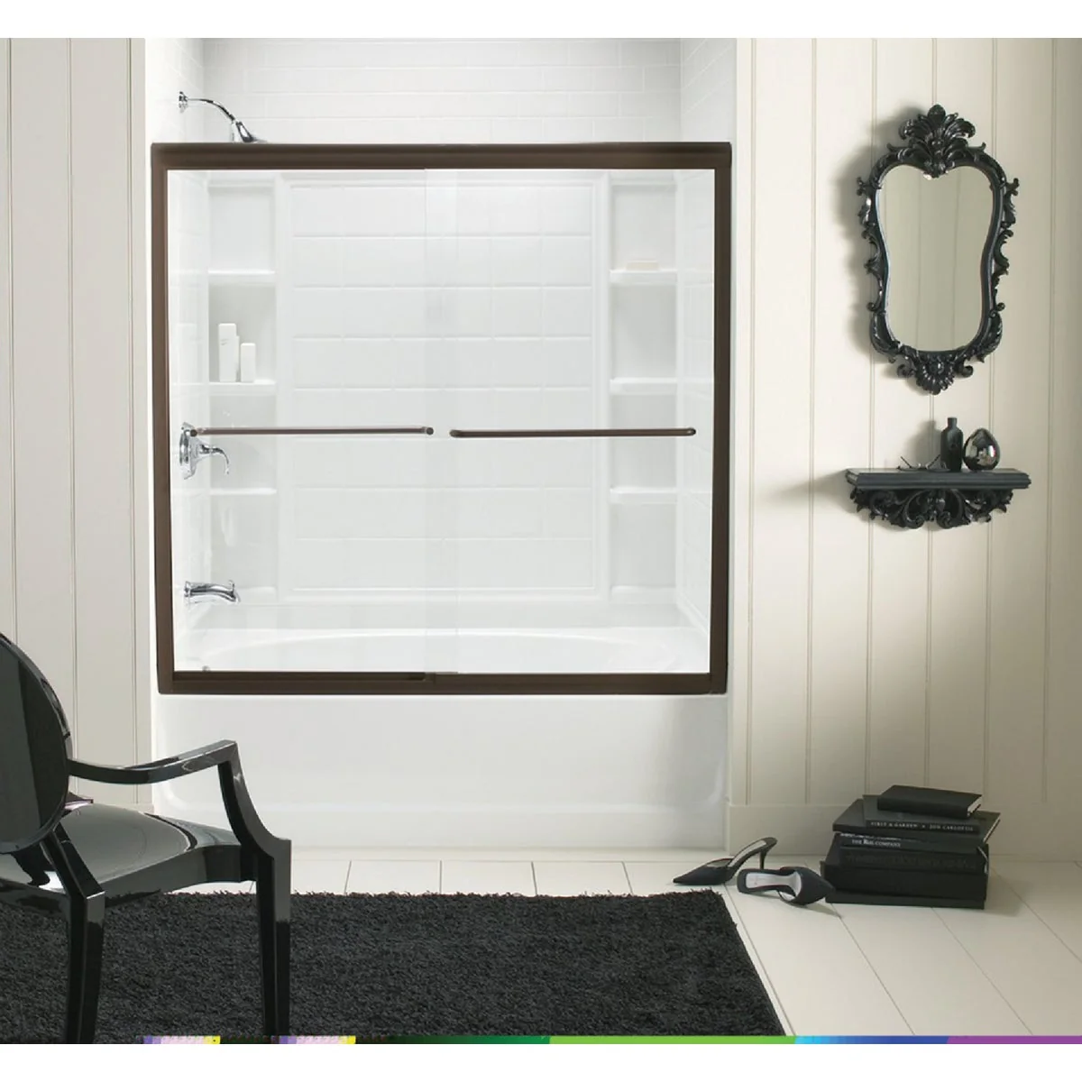 Official Sterling Finesse 59-5 8 In. W. X 55-3 4 In. H. Bronze Semi-Frameless Clear Glass Sliding Tub Door Reliable