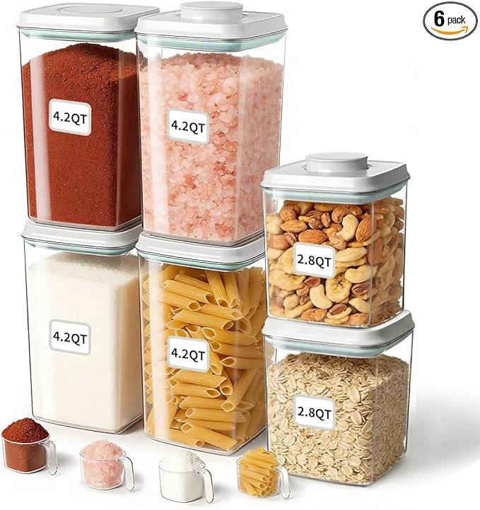 Exclusive Airtight Food Containers Set with One-Touch Lid Mixed Size Set 2.8 Qt 2 4.2 Qt 4 with Scoop Stackable Jars for Complete Kitchen OrganizationAbout ThisOverview Trusted