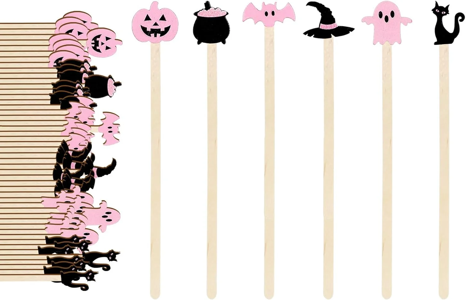 Breathable 120Pcs Halloween Coffee Stirrers Disposable Pink Black Ghost Bat Cat Pumpkin Stir Sticks Wooden Drink Stirrer for Hot Chocolate Milkshake Restaurant Home Office Long-Lasting