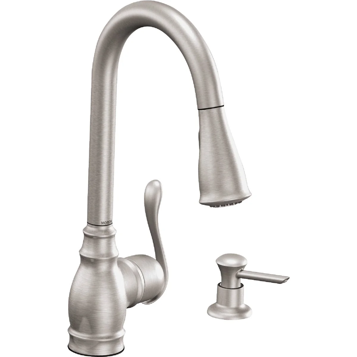 Minimalist Moen Anabelle Single Handle Lever Pull-Down Kitchen Faucet with Soap Dispenser Stainless Fast