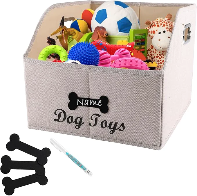 Optimized Geyecete Big Dog Toys Storage Bins Canvas Foldable Fabric Trapezoid with metal handles pet Baskets Can be Personalized Storage Bin Large toy box Organizer-KhakiStripeAbout ThisOverview Advanced