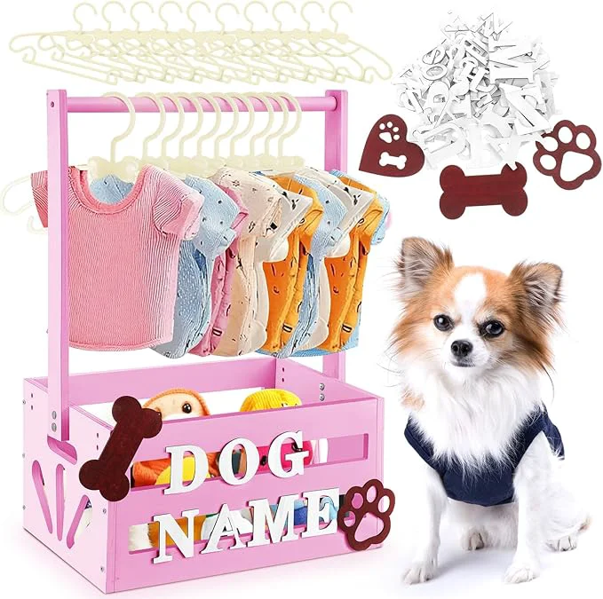 Crafted 20 x 13 x 9 Wooden Dog Closet Pet Wardrobe Crate Box with Hanging Rods and Personalized Alphabet Letters Easy Assembly Baskets for Dog Cat Toys Clothes Accessories Pink About ThisOverview Fine Crafted