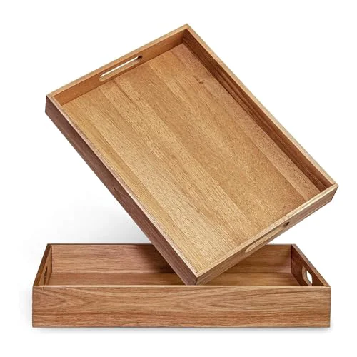Efficient Acacia Wood Serving Tray with Handles Set of 2 2 Count Elite