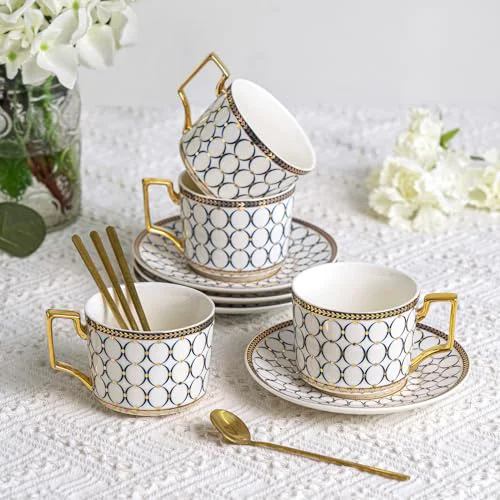 High-Quality 4Pcs White Gold Bone China 7oz Cup Saucer 4 Count Traditional