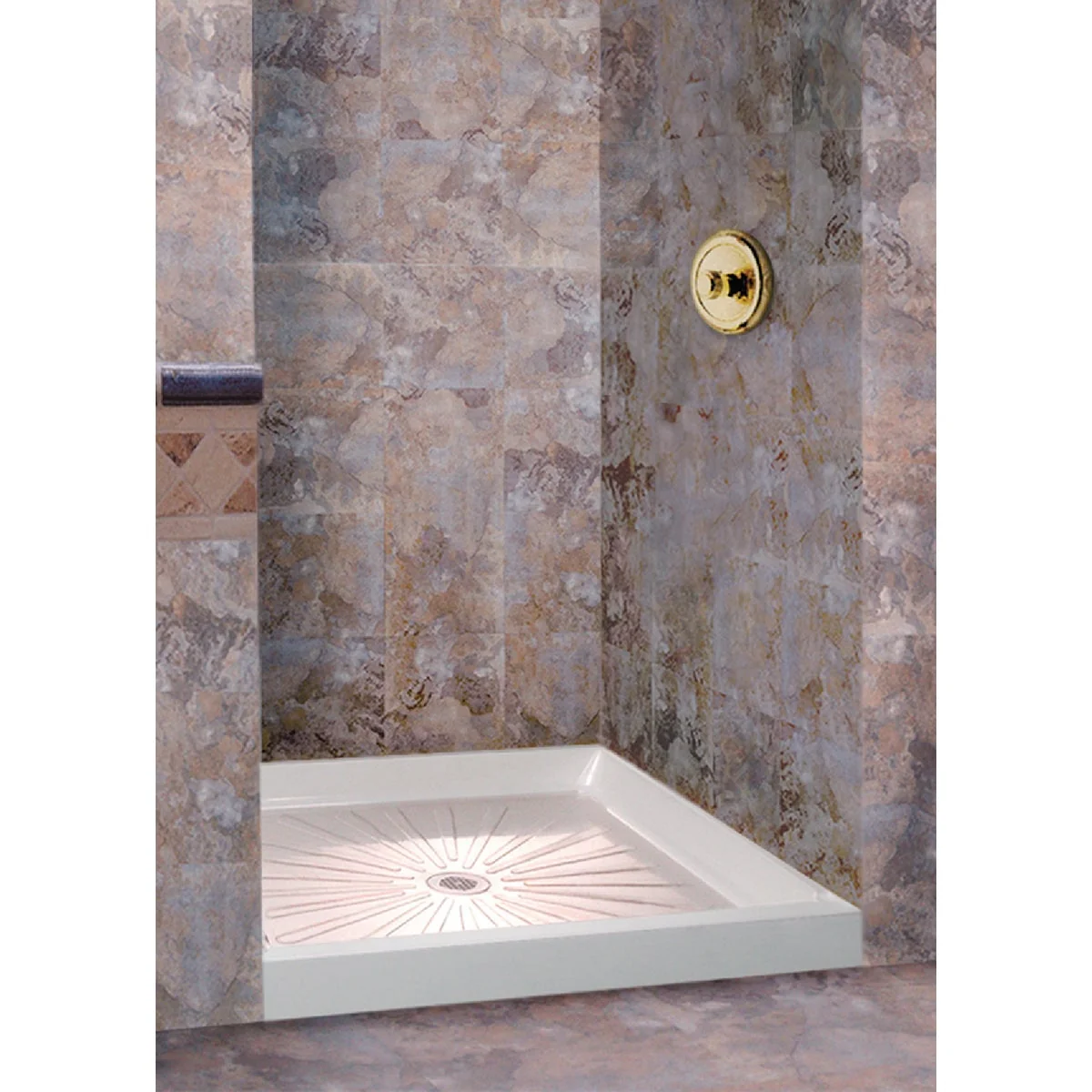Minimalist Mustee Durabase 48 In. W x 34 In. D Center Drain Shower Floor Base in White Enhanced