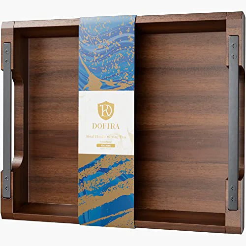 High-Grade Acacia Wood Serving Tray with Metal Handle Reusable