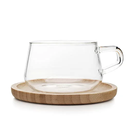 VIVA Classic Glass Coffee Mug or Tea Cup and Saucer Made of Bamboo Wood Official