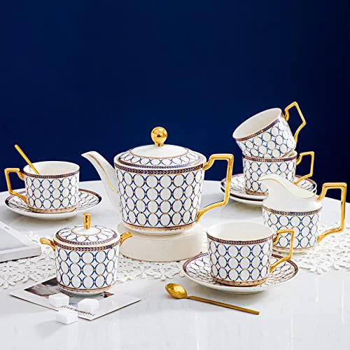 Premium British Bone China Blue Gold Tea Cup Saucer Set of 4 with Gift Box 15 Count High-Quality