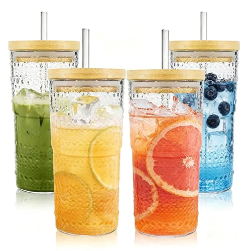 Organic 4 Pack 20oz Hobnail Drinking Glasses with Bamboo Lids and Glass Straw 2 Count Fine Crafted