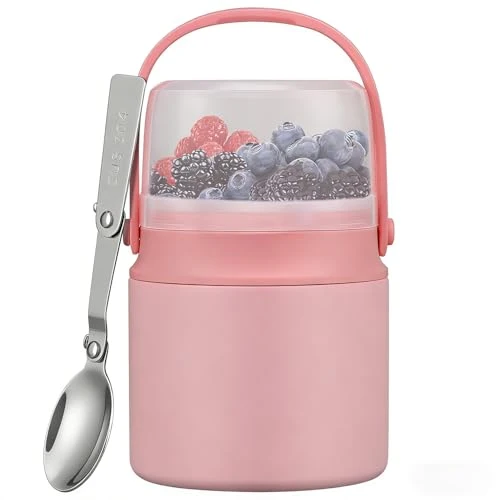 Premium 2-in-1 Insulated Food Jar with a Snack Container - 15oz Kids Soup Thermos for Hot Food with Handle and Spoon Leak Proof Bento Lunch Box Kids for School Travel Stylish