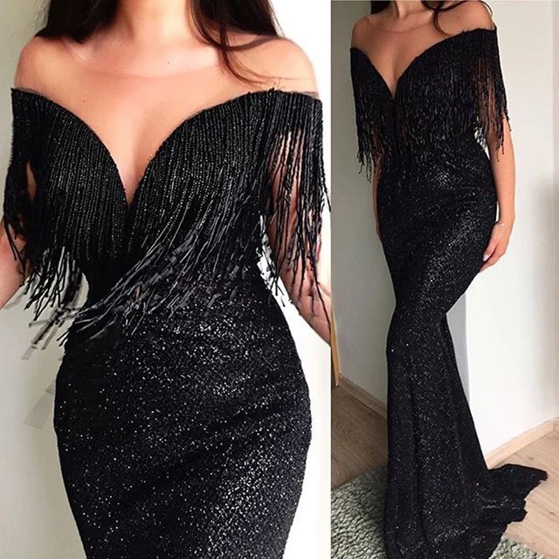 Exclusive Explosion models sexy black sequins V-neck sleeveless slim dress long skirt Fine Crafted