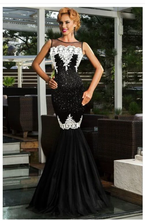 Premium Europe and America long skirt sexy sleeveless sequin mesh stitching banquet evening dress dew backpack hip fishtail mopping dress Efficient