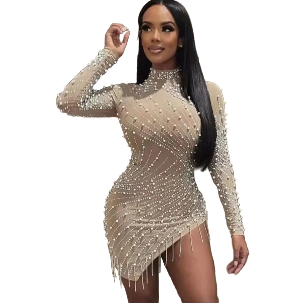Next-Generation Heavy Industry Pearl Rhinestone Stretch Side Seam Tassel Short Dress Efficient