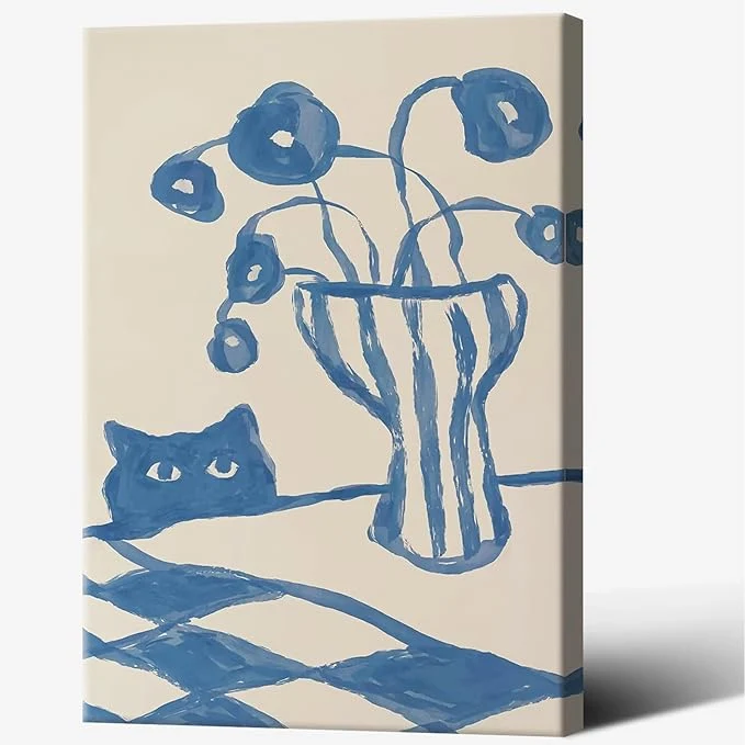 High-Grade Funny Sneaky Cat Poster Scandi Animal Sketch Canvas Wall Art Blue Modern Abstract Flower Vase Aesthetic Prints Painting For Living Room Kitchen Dining Room Wall Decor 12x16in Wrapped CanvasAbout This Soft