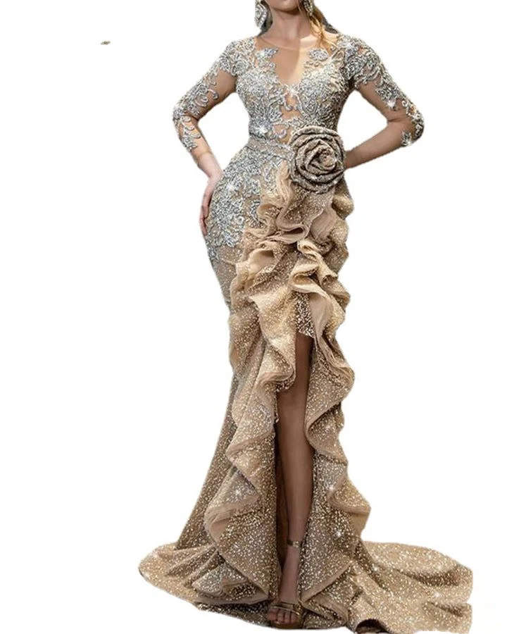 Stylish New Sexy Gold Sprinkle Trailing Party Dress For Ladies Detailed
