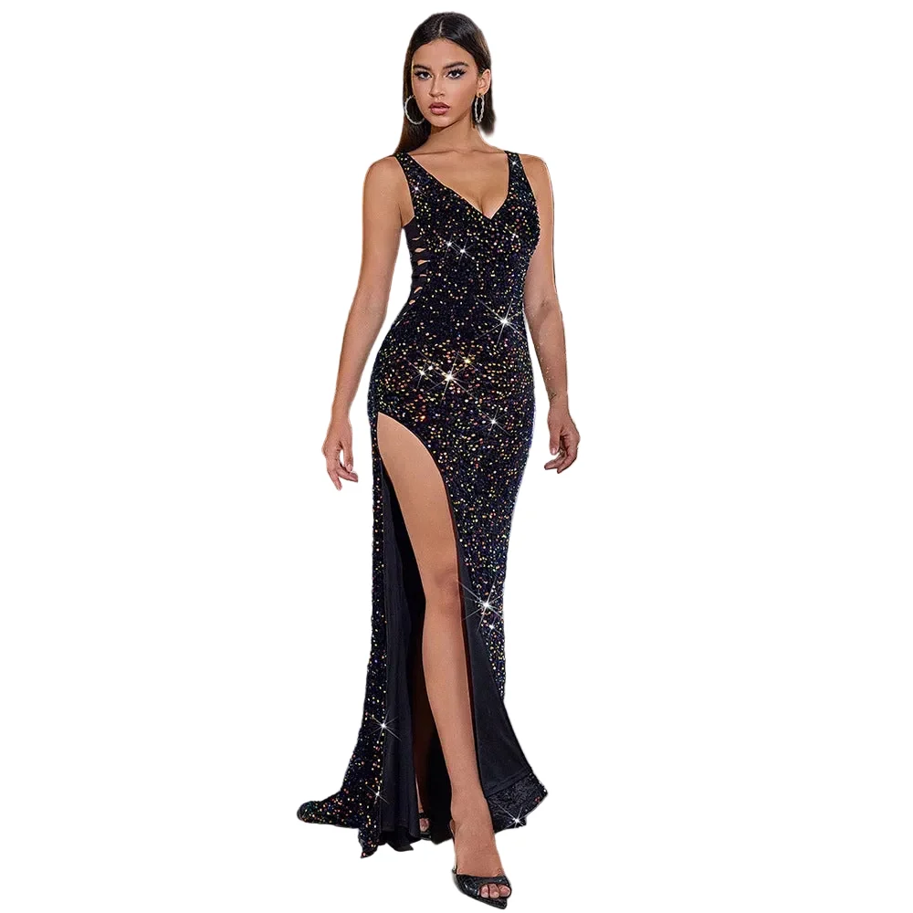 Pure Dazzling Multicolor Sequined Backless High-Slit Evening Gown Classic