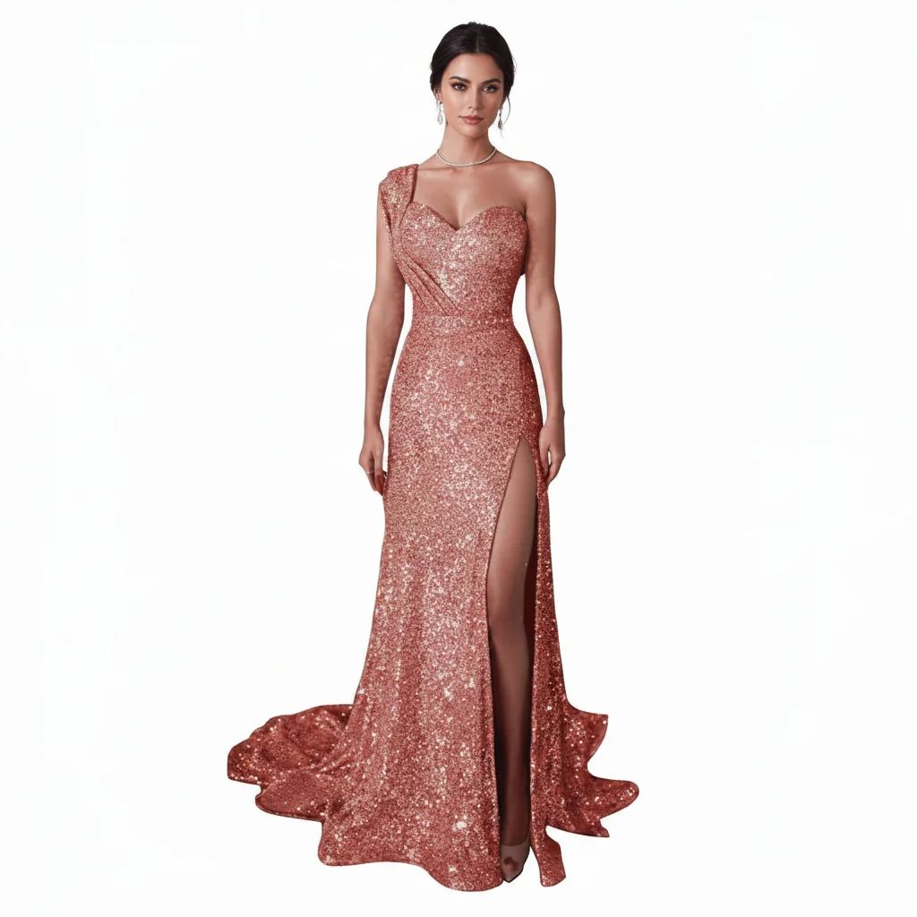 Casual Radiant One-Shoulder Bronzing Sequin High-Slit Evening Gown Reusable
