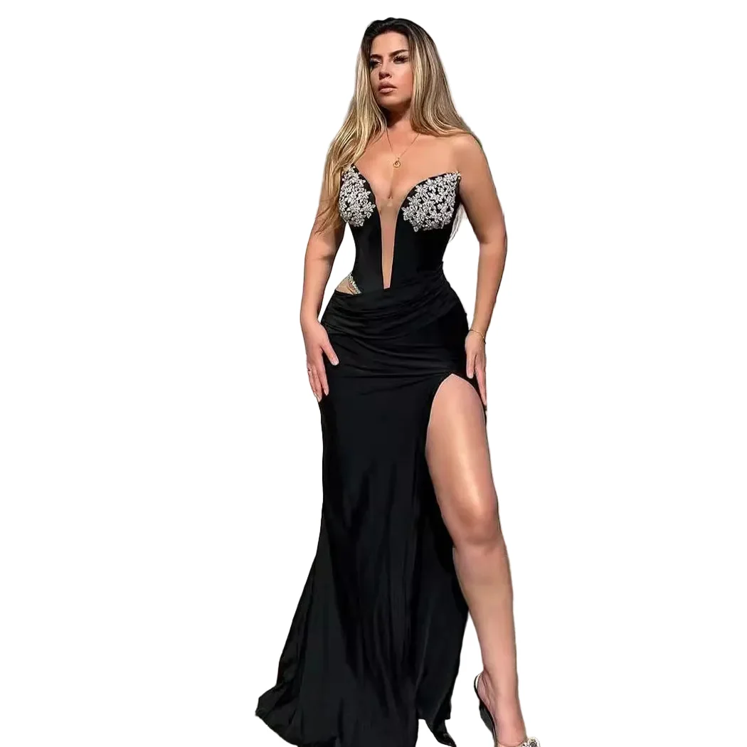 Premium Women's Black Bandeau Slim-fit Hot Drilling Long Dress Selected