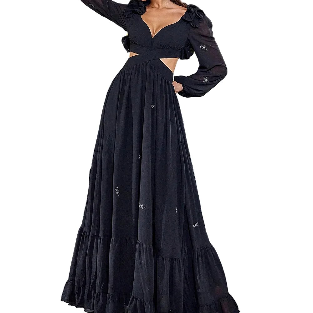 Solid Elegant Black Chiffon Long Sleeve Cutout Maxi Banquet Dress Elite