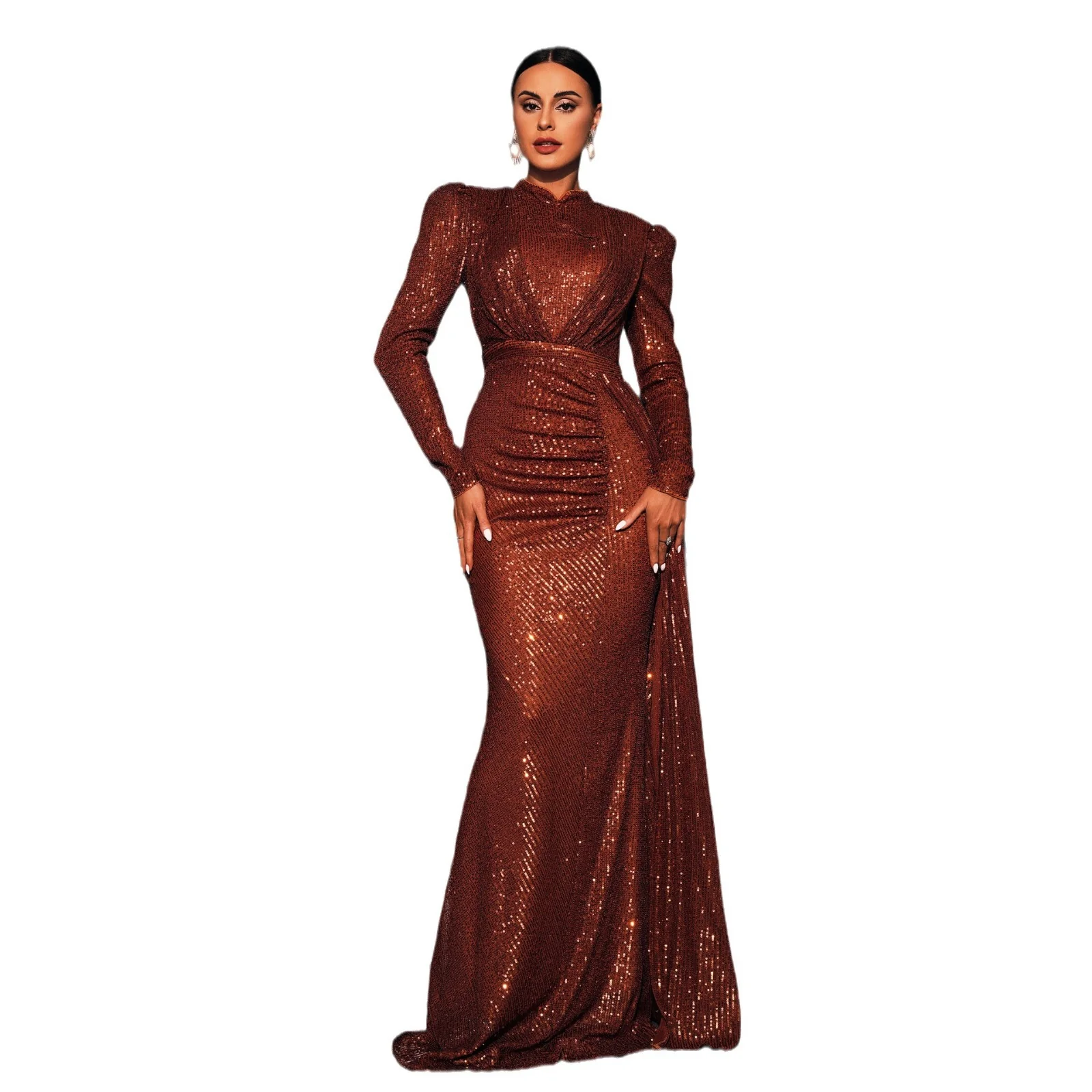 Secure Sparkling Sequined Long Sleeve Slim-Fit Evening Gown Responsible