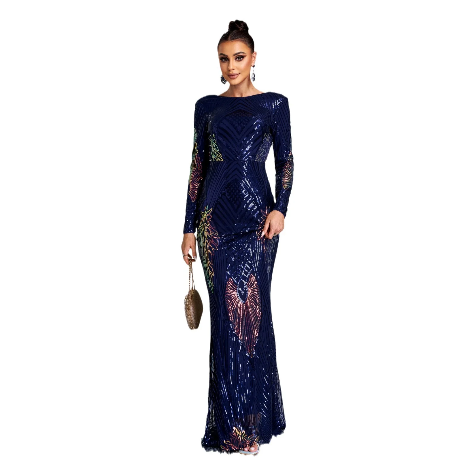 Smooth Radiant Navy Sequined Crew Neck Long Sleeve Evening Gown with Open Back Recyclable