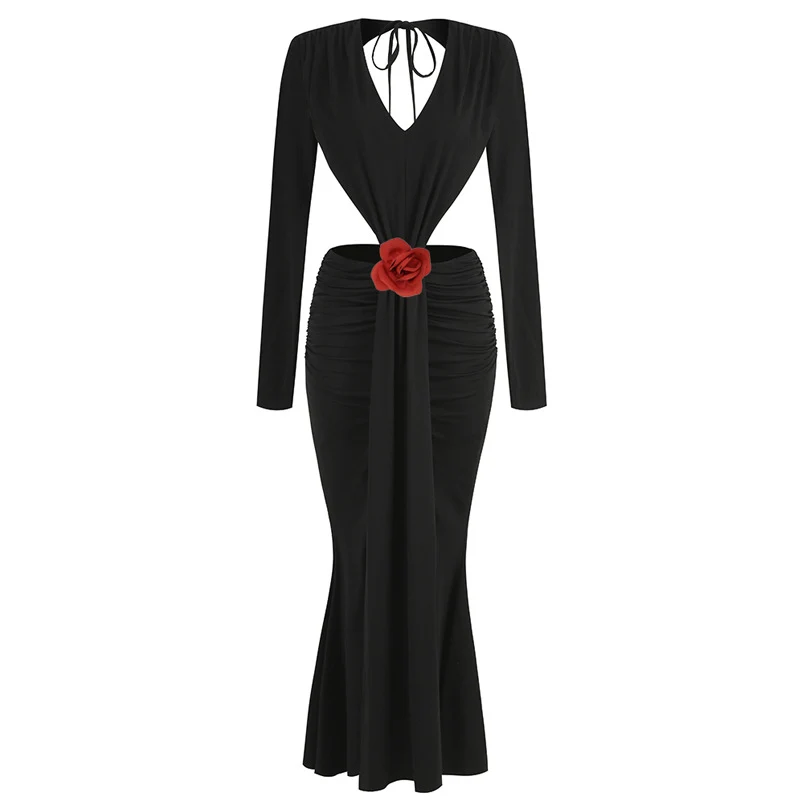 High-End Sexy V-neck Backless Long Sleeves Skirt Waist Decorative Flower Split Fishtail Gown Dress Long Enhanced