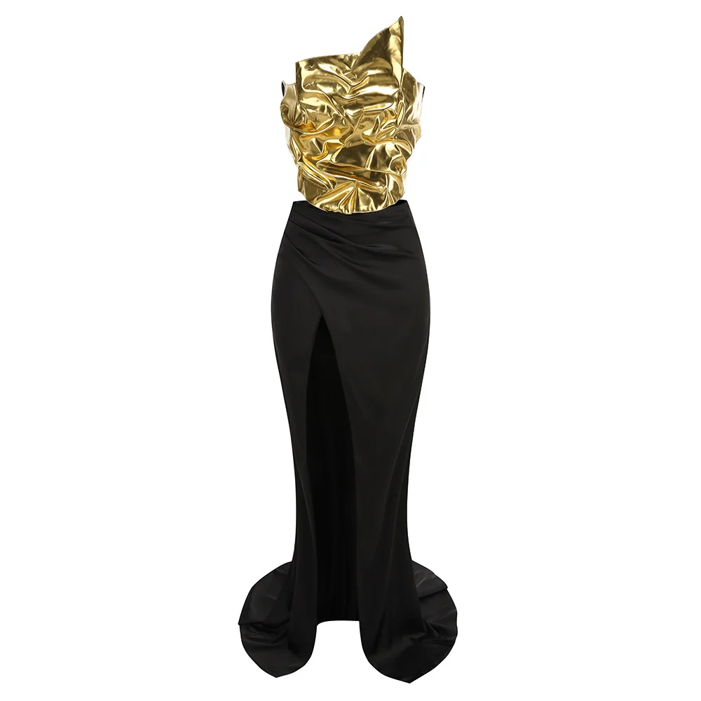 Selected Edgy Metallic One-Shoulder Top High-Slit Satin Maxi Skirt Two-Piece Set Secure