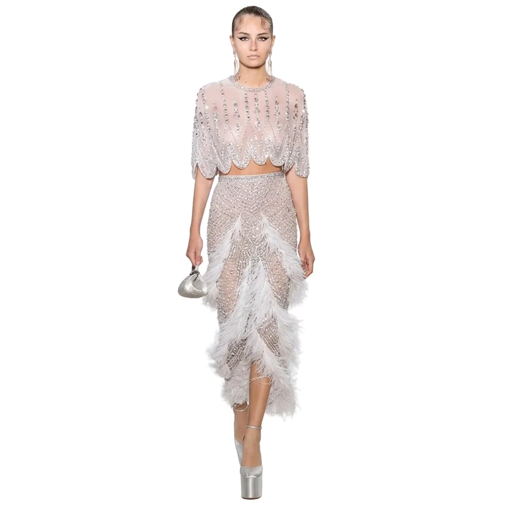 Organic Luxury Silver Nude Beaded Evening Gown with Feather Shawl Collar Quality