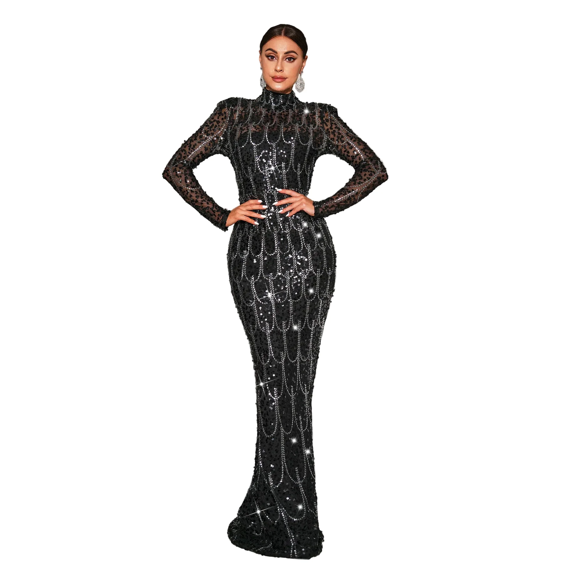 Official Glamorous Black Sequin Long Sleeve Floor-Length Evening Gown Exceptional