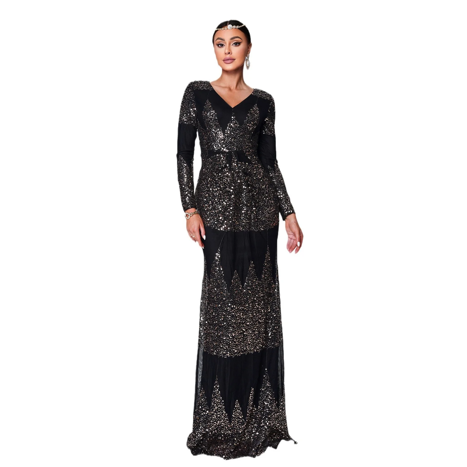 Healthy Sparkling Sequin V-Neck Long Sleeve High-Slit Fishtail Evening Dress Flexible