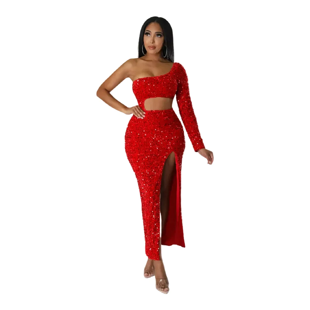 Responsible Women's One-Shoulder Sequined Cut-Out Evening Dress – High-Slit Bodycon Two-Piece Style Maxi Gown Verified