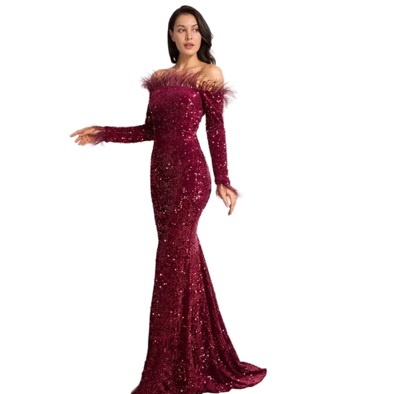 Green Women's Off-the-Shoulder Feather Trim Sequined Evening Dress – Long Sleeve Mermaid Fishtail Banquet Gown High-Grade