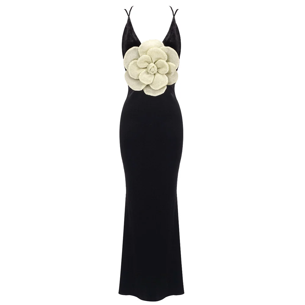 Artisan Elegant Black Camisole Backless Maxi Dress with Statement Floral Accent Exceptional