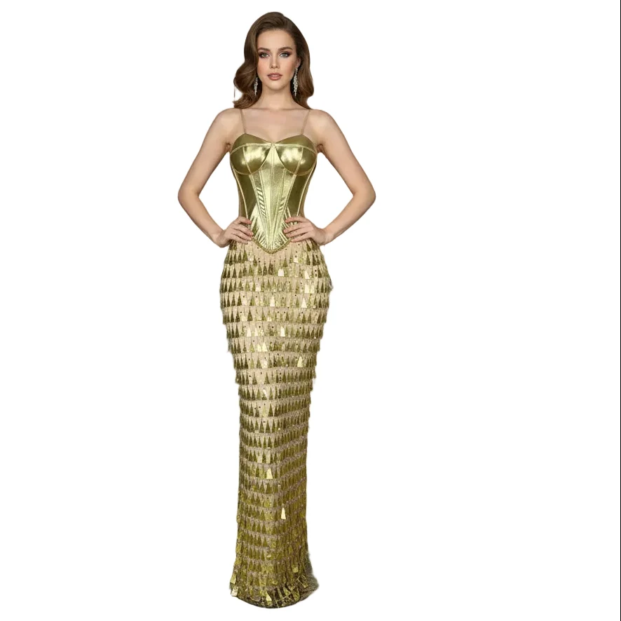 Advanced Women's Gold Metallic Corset Bandage Mermaid Gown – Structured High-Waist Floor-Length Evening Dress Soft