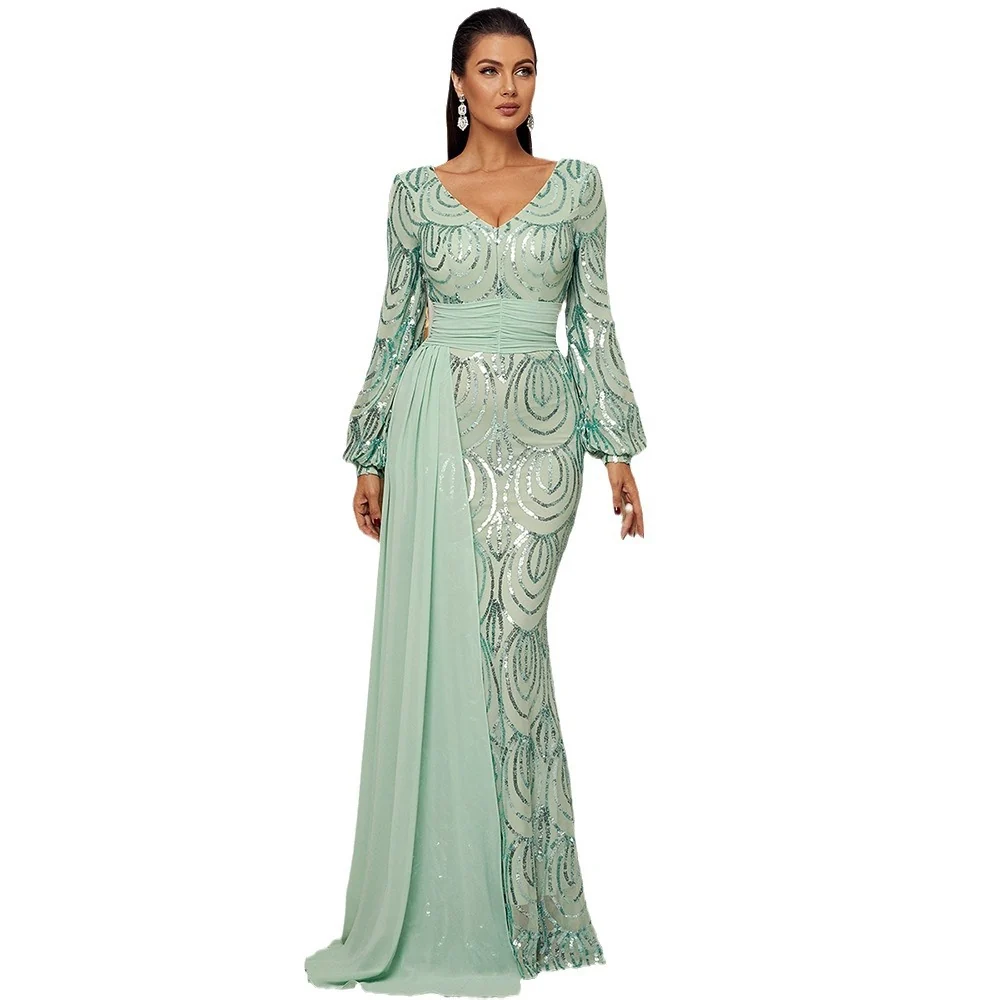 Casual Women's Long Sleeve Sequined V-Neck Evening Dress – High-Waist Sheath Gown with Draped Side Ribbon Train World-Class